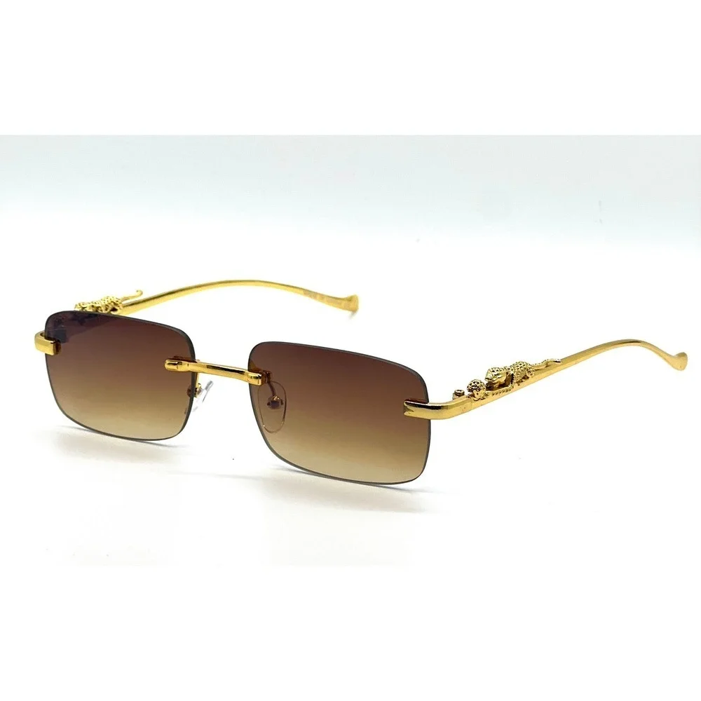 Men Rimless Brown Lens Gold Sunglasses Metal Leopard Sophisticated Hip Hop Style